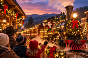 Christmas steam train decorated with holiday lights in the Blue Ridge Mountains near Tweetsie Railroad