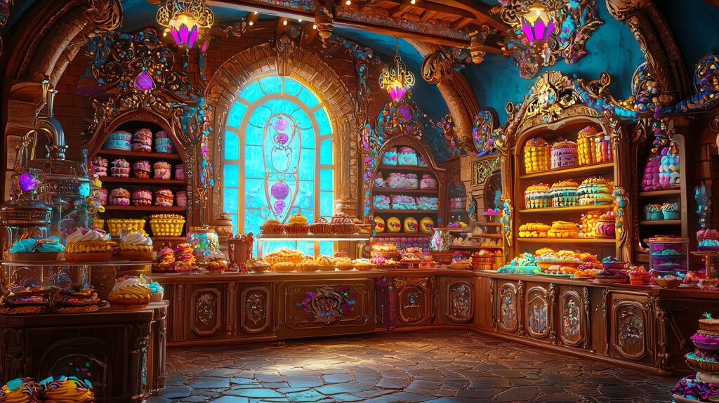 The North Pole Bakery filled with cookies, pastries, and cakes.