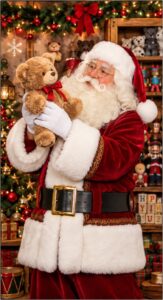 Santa coloring page of Santa in the workshop with a teddy bear