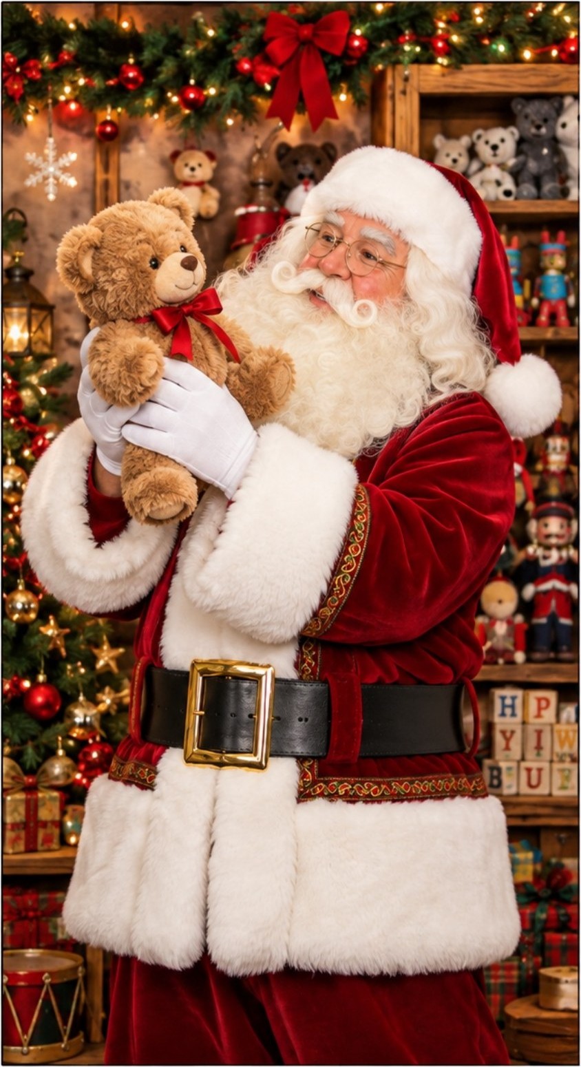 Santa coloring page of Santa in the workshop with a teddy bear