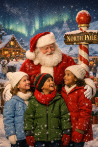 Santa Paul with children at the North Pole