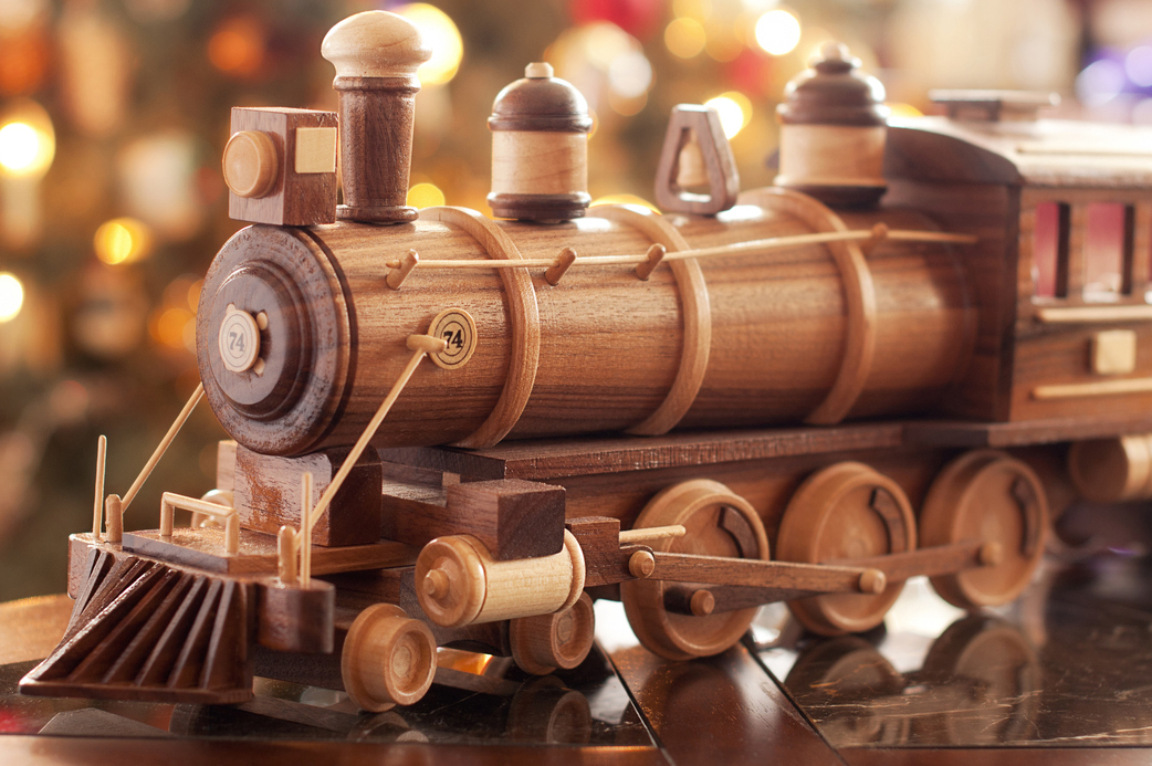 A beautiful wooden toy train made by Santa Claus